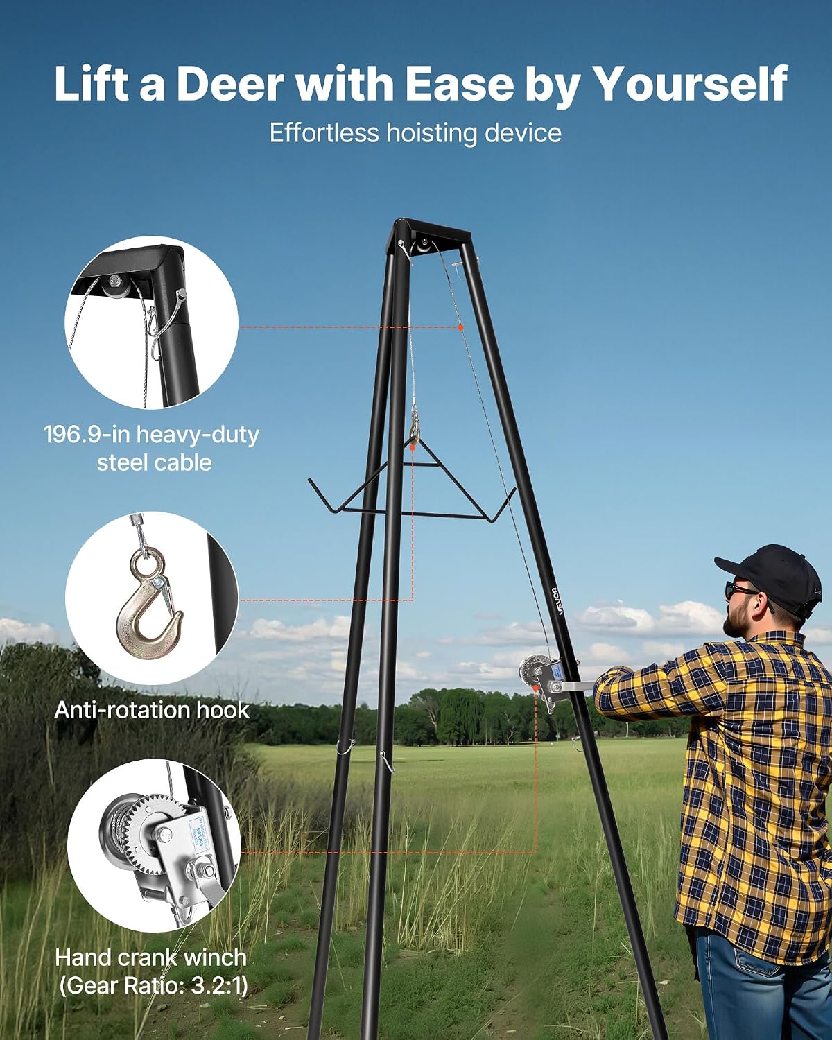 Tripod Deer Hoist, 500 lbs Load Capacity, Hunting Game Hoist Winch Lift with Gambrel & Manual Winch, Hunting Game