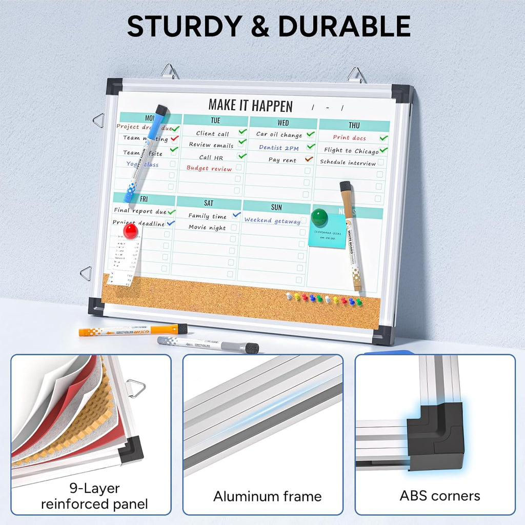 Weekly Dry Erase Board and Cork Board Combo for Wall, 17"x13" Reversible Hanging Dry Erase Board, Double Sided White