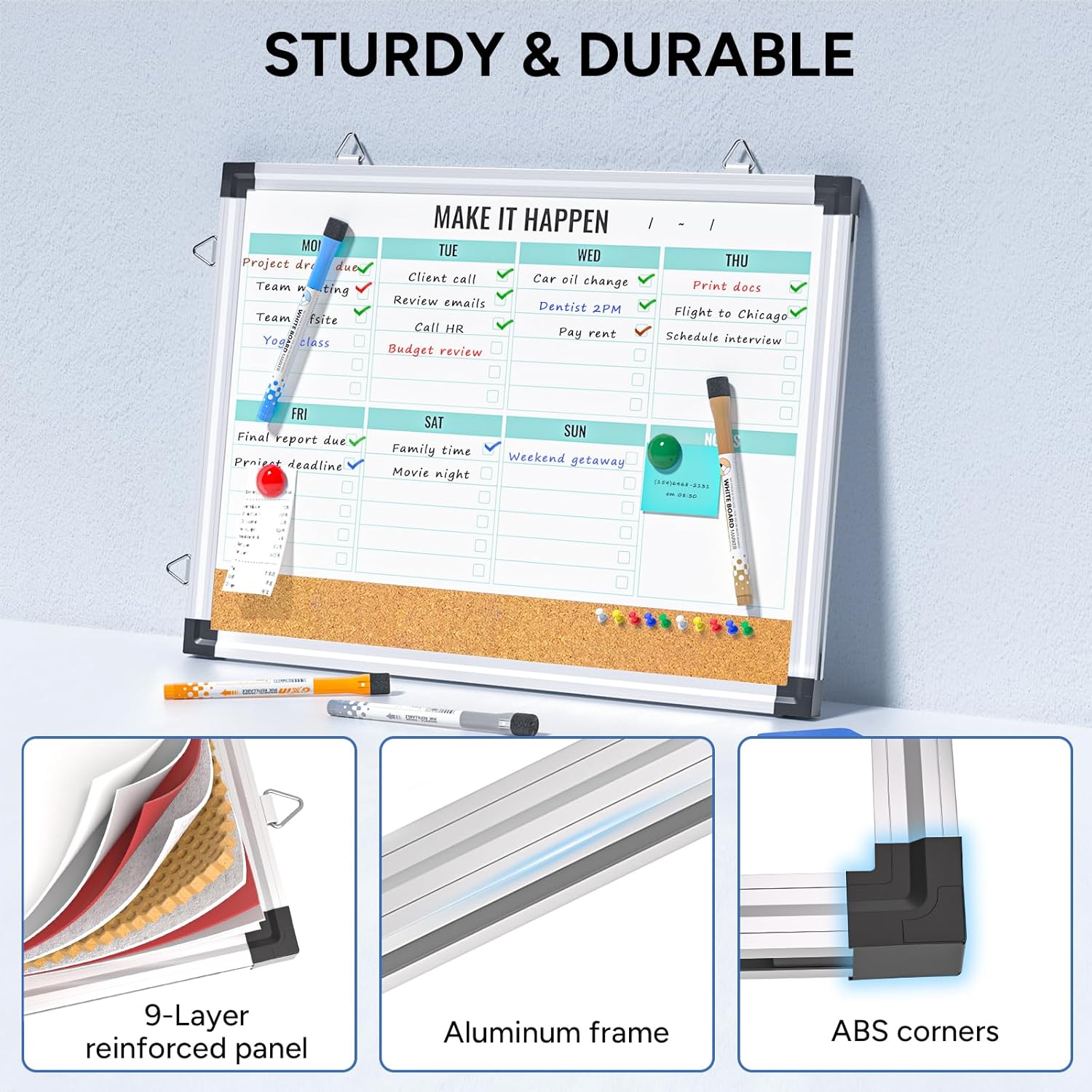 Weekly Dry Erase Board and Cork Board Combo for Wall, 17"x13" Reversible Hanging Dry Erase Board, Double Sided White