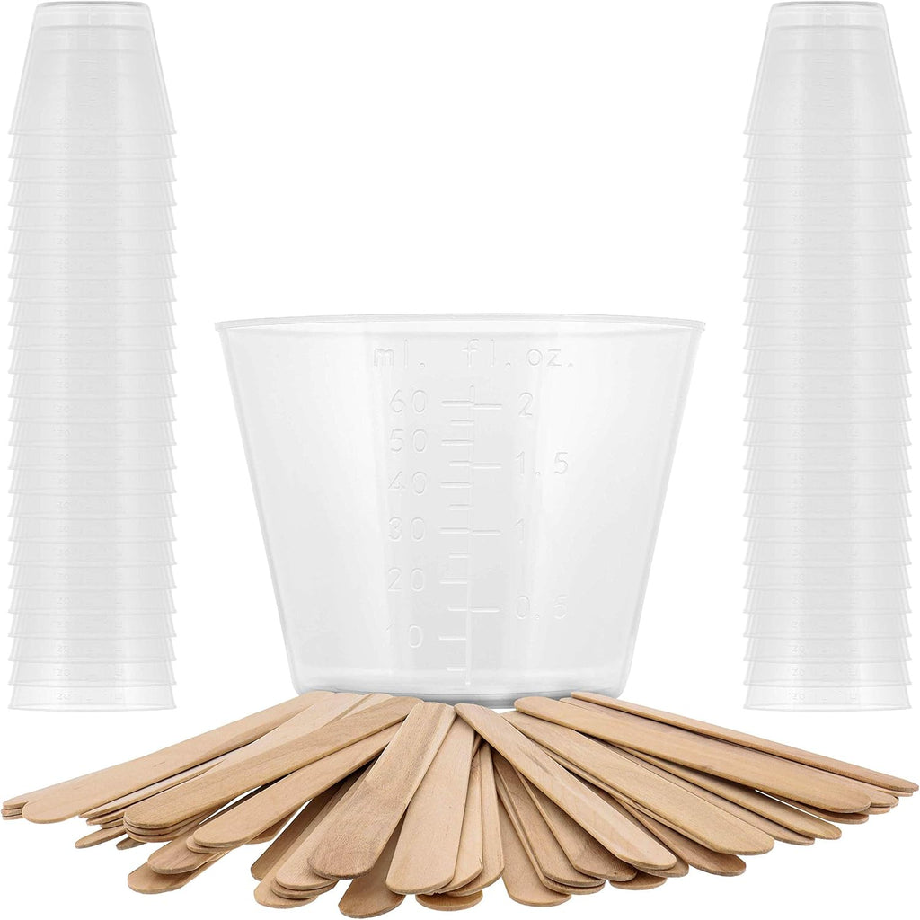 2 Oz (60 ml) Liquid Measuring Cups, 50 Pack with 25 Sticks