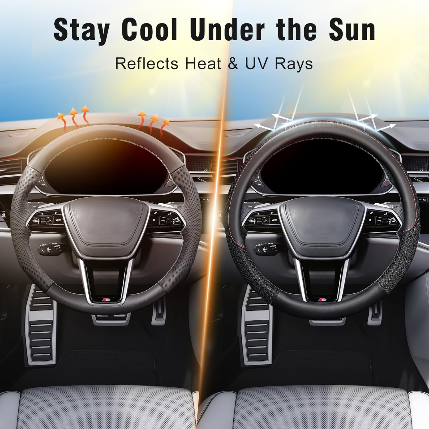 15 inch Steering Wheel Cover, Cooling Ice Silk Mesh with Microfiber Leather, Ultra Breathable, Anti Slip Car Grip