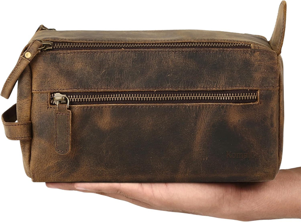 Premium Buffalo Leather Toiletry Bag for Men & Women With Water resistant Lining, Grooming Travel Pouch, Unisex Wash