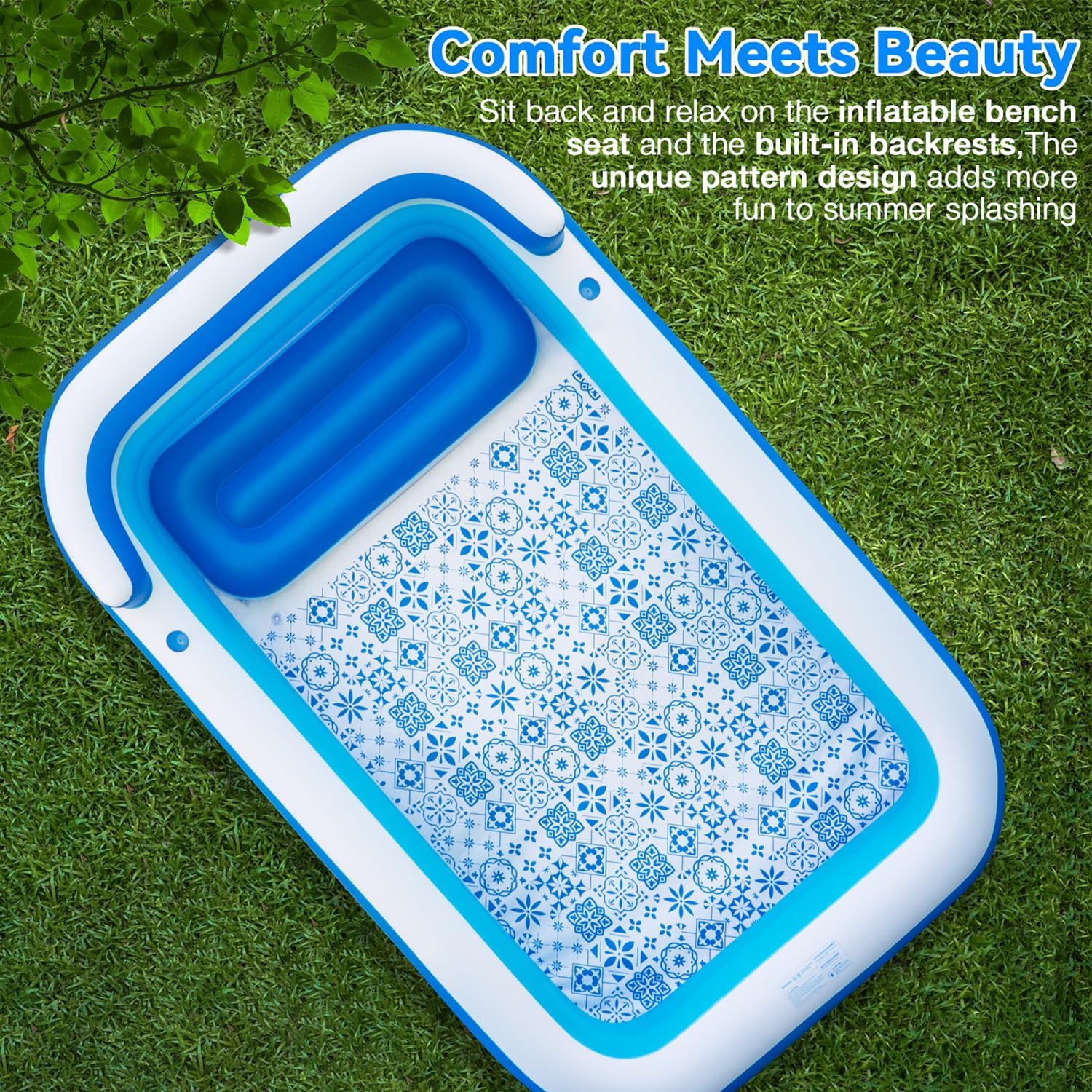 Extra Large Inflatable Pool for Adults 120"x85"x26" – Blow Up Pool with Seats & Backrest, Fits 10 Adults, Air Pump