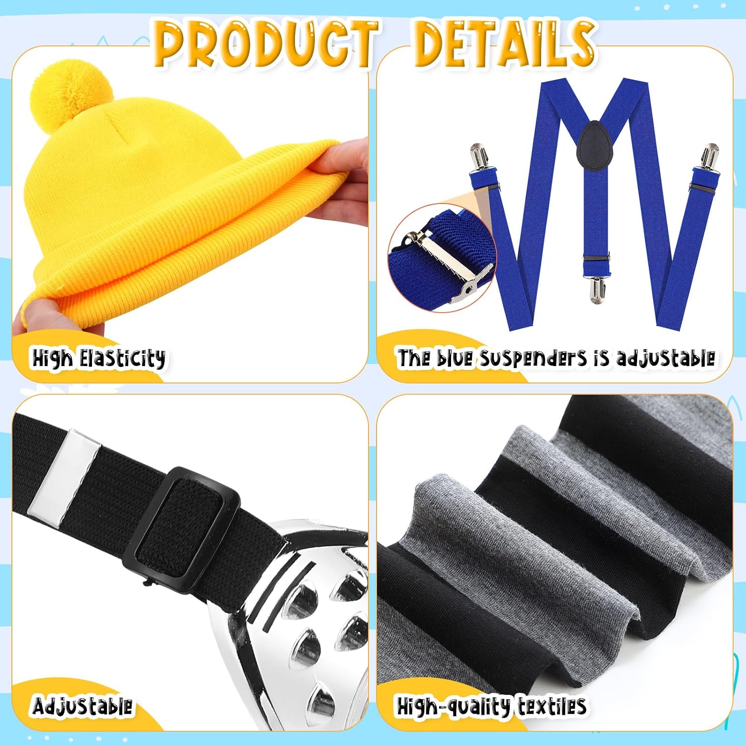 8 Pieces Halloween Costume Accessories Striped Scarf Bald Head Wig Steampunk Goggles Beanie Dress Suspenders Gloves