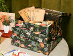 3-Piece Decorative Storage Boxes with Lids, Dark Botanical Floral & Fruit Pattern, Sturdy Cardboard Keepsake Boxes