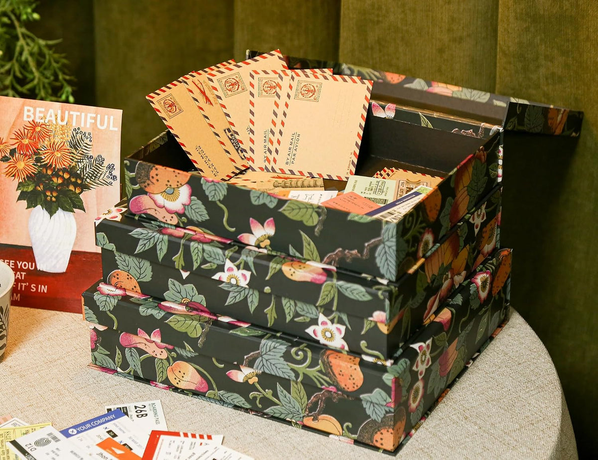 3-Piece Decorative Storage Boxes with Lids, Dark Botanical Floral & Fruit Pattern, Sturdy Cardboard Keepsake Boxes