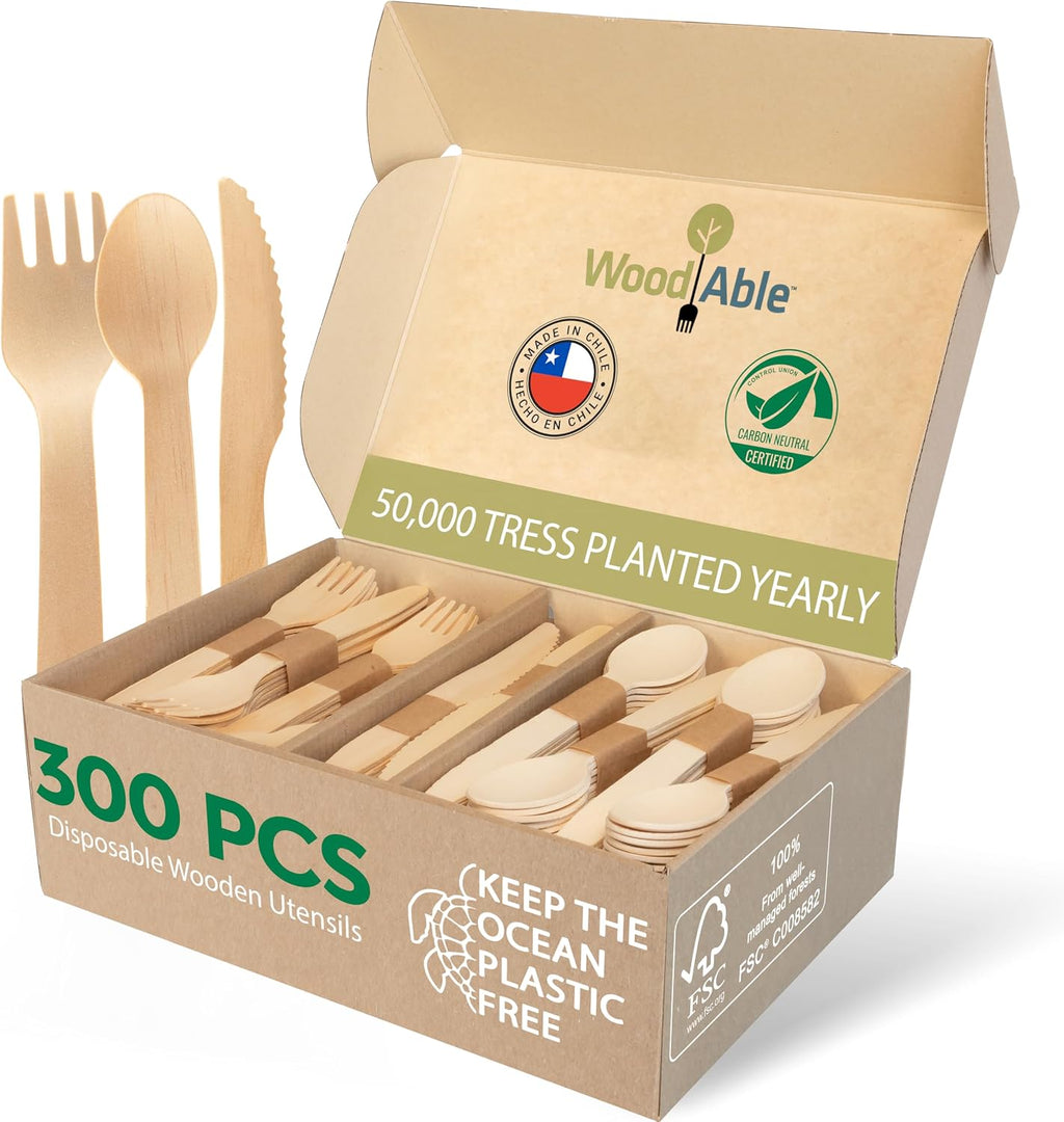 Wooden Cutlery, 300 Pack, 6.5 Inch, Bamboo Utensils Alternative