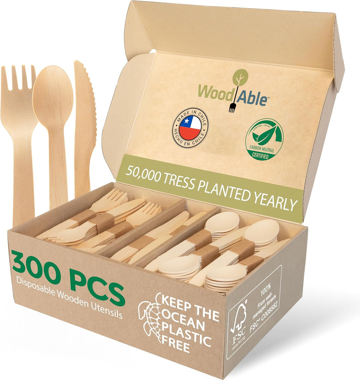 Wooden Cutlery, 300 Pack, 6.5 Inch, Bamboo Utensils Alternative