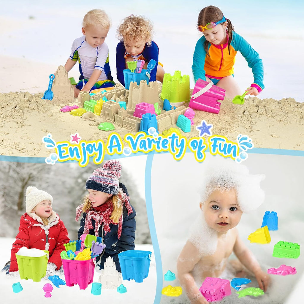 Beach Toys with 3 Castle Buckets, Sand Molds for Kids Ages 3-12 | Sand Castle Molds, Mesh Bags, Shovel for Sandcastle