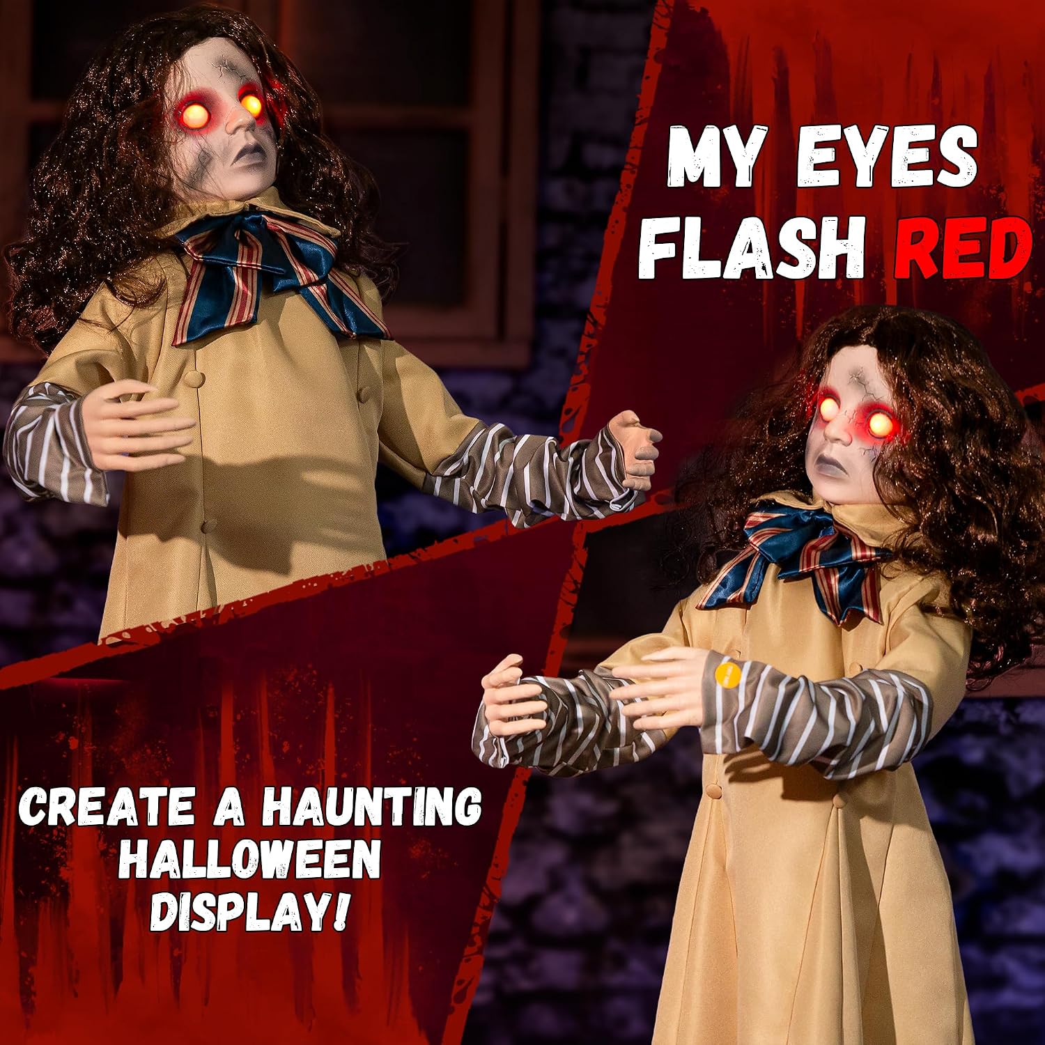 Halloween Animatronics Decorations 48inch Animated Creepy Doll with Sound Activated, Spooky Sound, Lighted LED Eyes