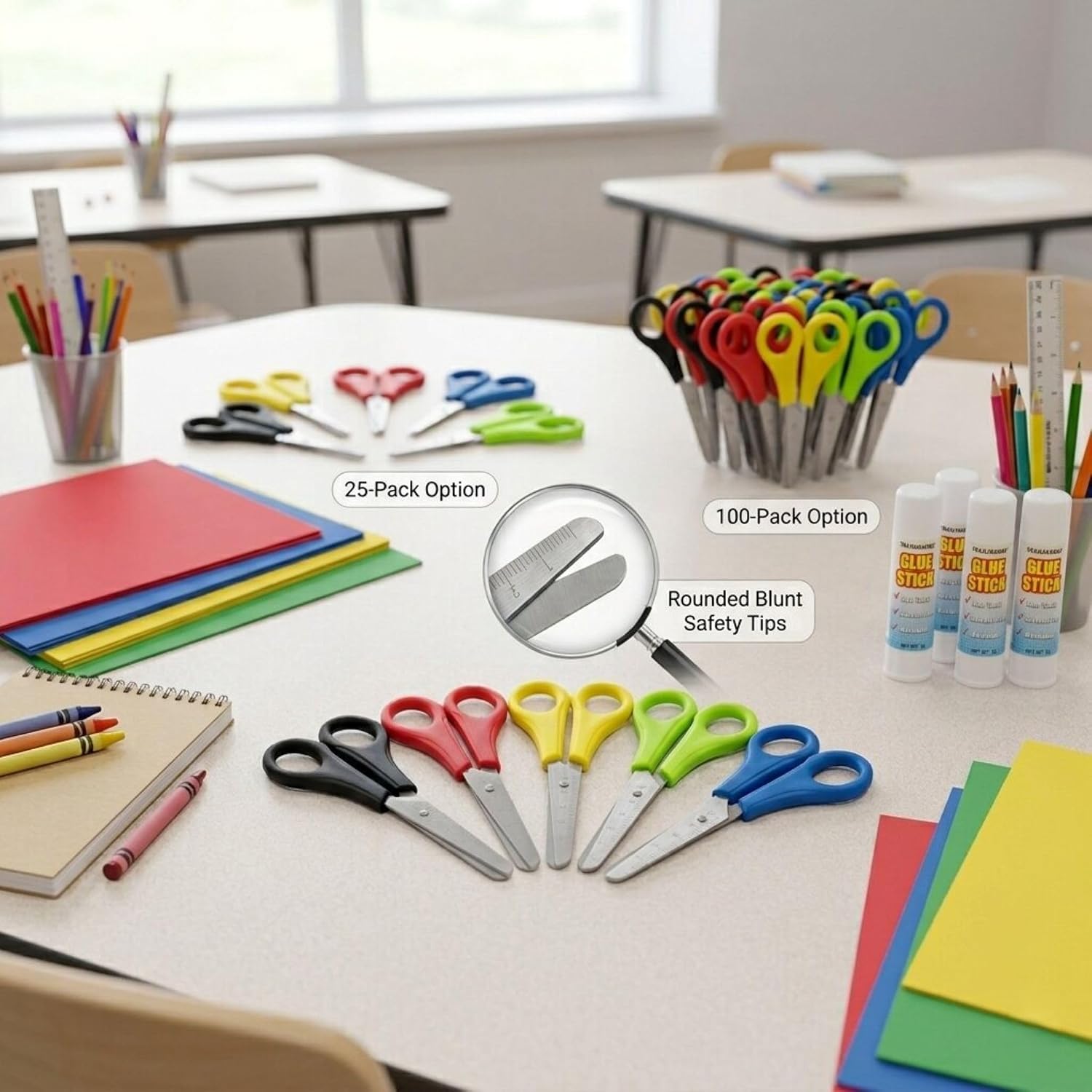 (100 Pack) Kids Safety Scissors, 5-Inch Blunt Tip, Assorted Color Classroom Scissors for School Supplies, Arts