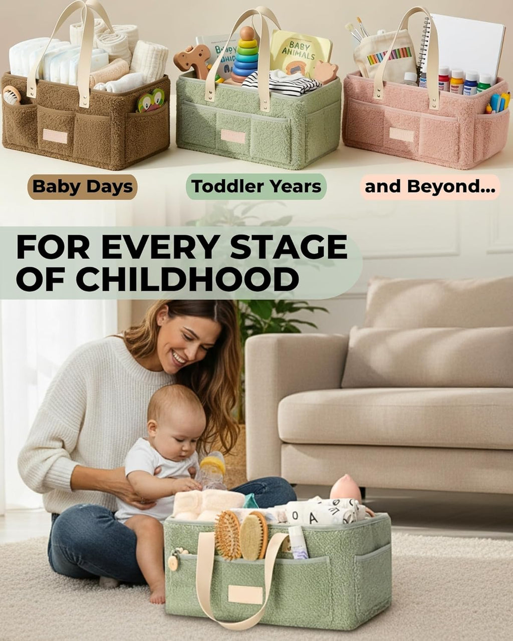 Baby Diaper Caddy Organizer with Portable Changing Mat - Teddy Fleece Diaper Organizer for Changing Table - Basket