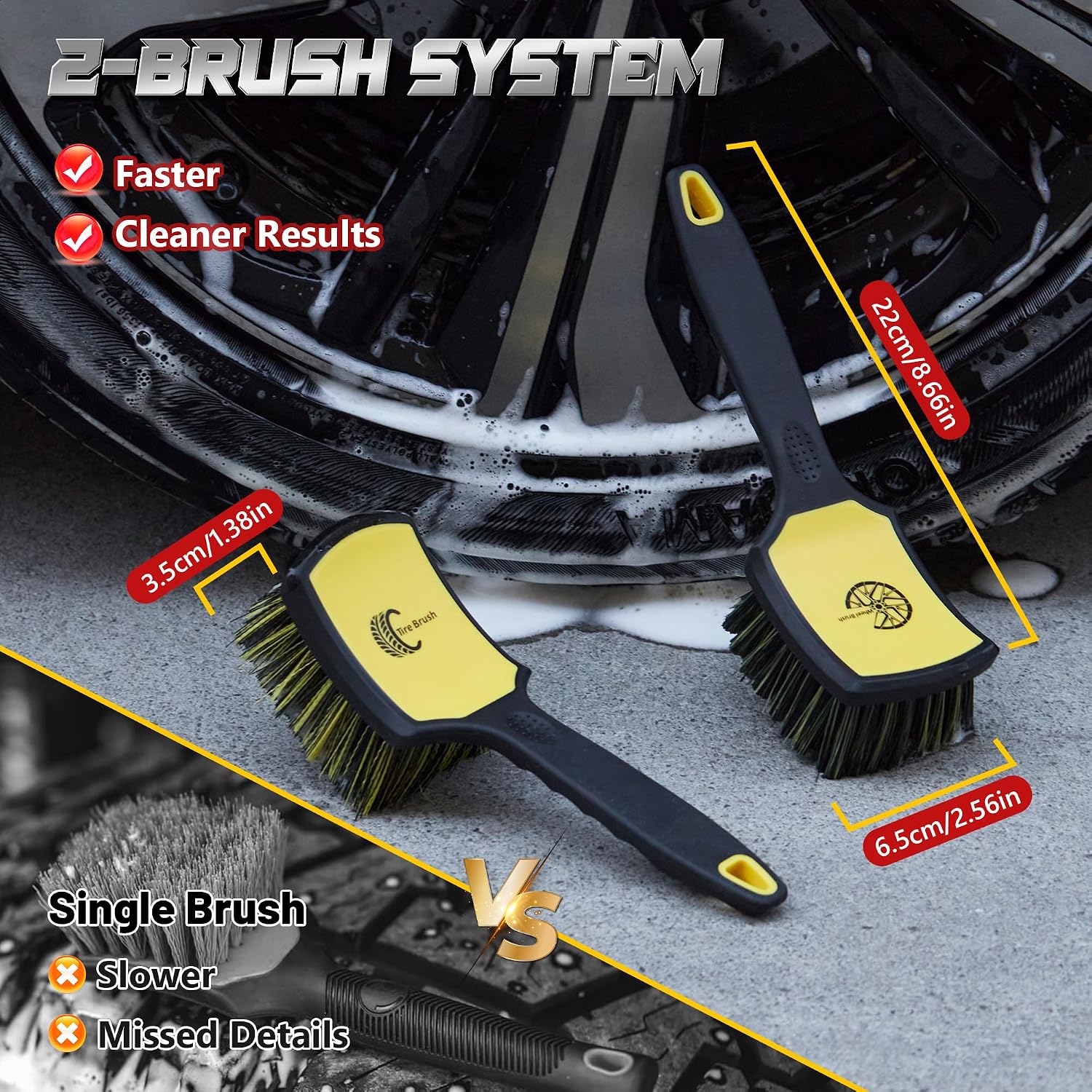 Wheel & Tire Brush Set, 2 Pack Car Wheel Brush & Tire Cleaner Brushes | Soft Bristle Rim Brush, Stiff Tire Scrub
