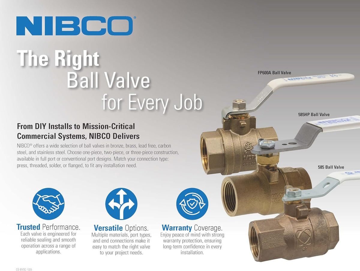 NIBCO T-585-70 Cast Bronze Ball Valve, Two-Piece, Lever Handle, 1/2" Female NPT Thread (FIPT)