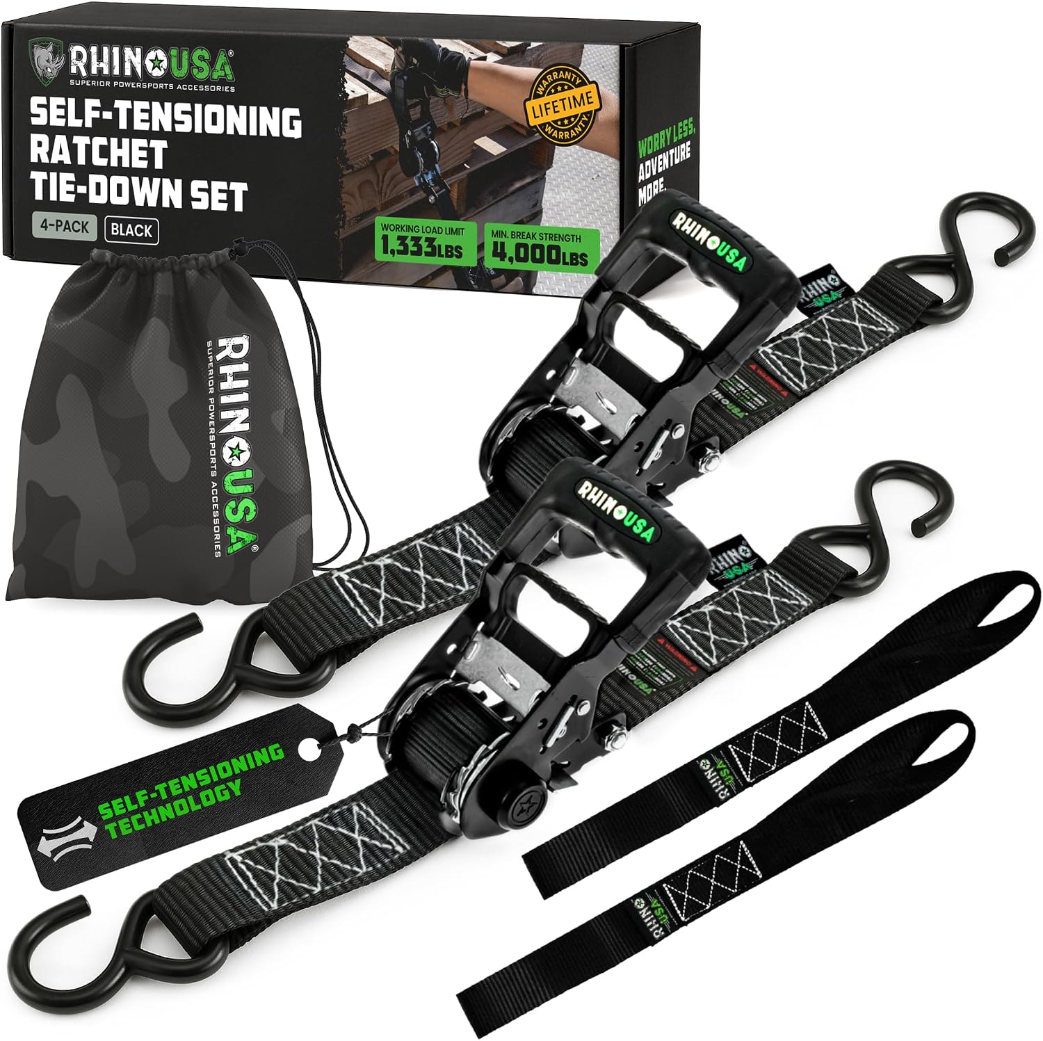 Self Tensioning Ratchet Straps (2 Pack) - 1.6in x 15ft Cargo | Patented Design for Constant Tension When Load Shifts.