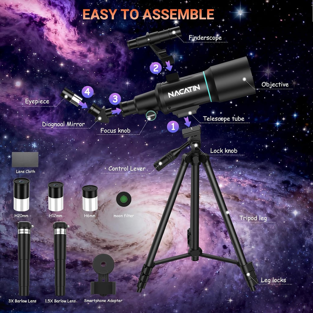 Telescope for Adults, 70mm Aperture 300mm Portable Refractor Telescope with 3 Eyepieces - Complete Kit with Phone