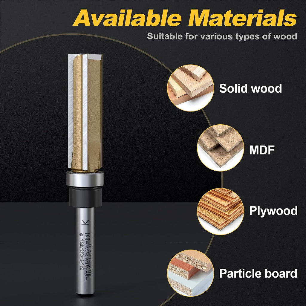 Pattern Flush Trim Router Bit, Top Bearing 1/4" Shank CD: 1/2" CL: 1-1/2" | Professional 3-Blade Carbide Tipped