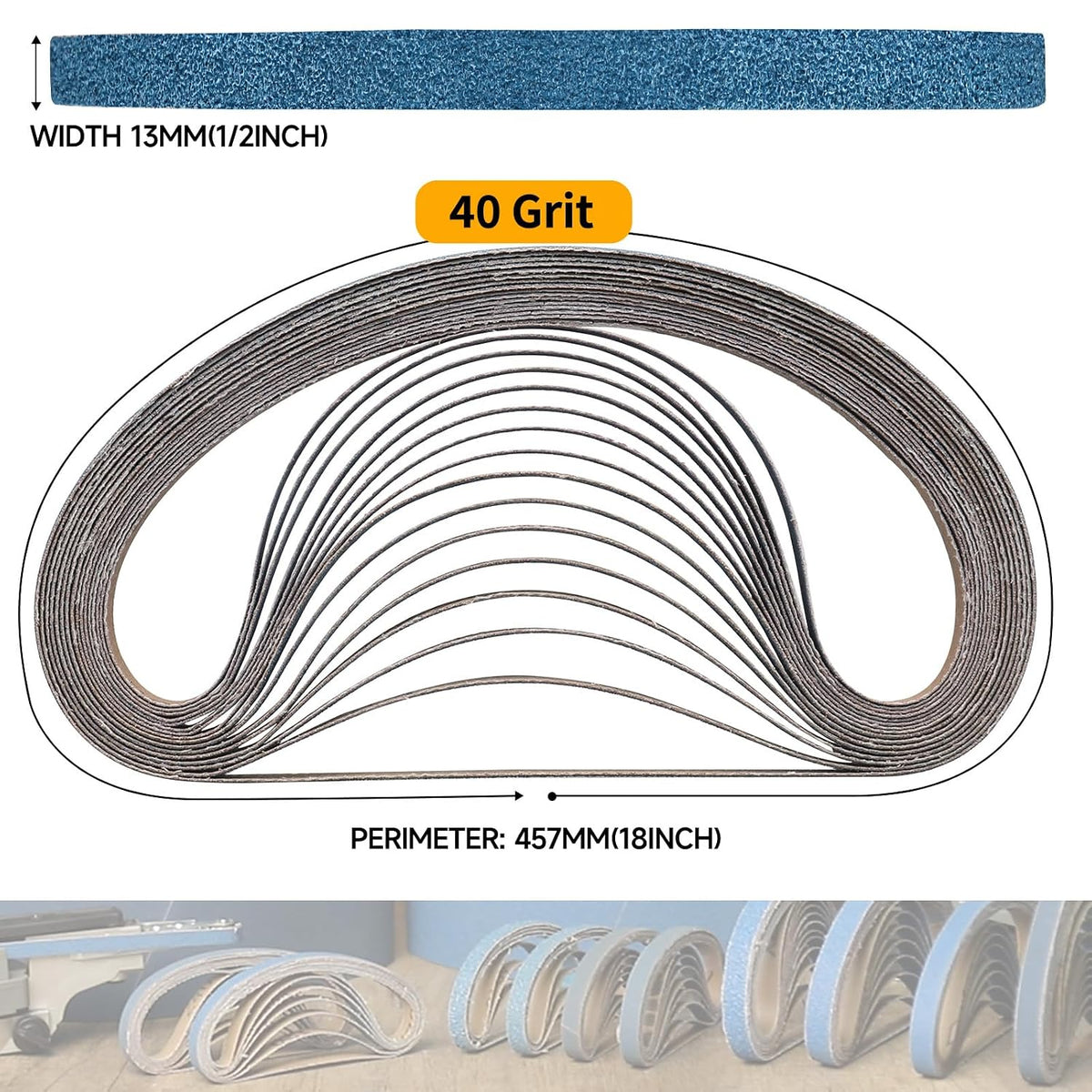 40-Piece Premium 1/2 x 18 Inch Zirconia Sanding Belts 40 Grit