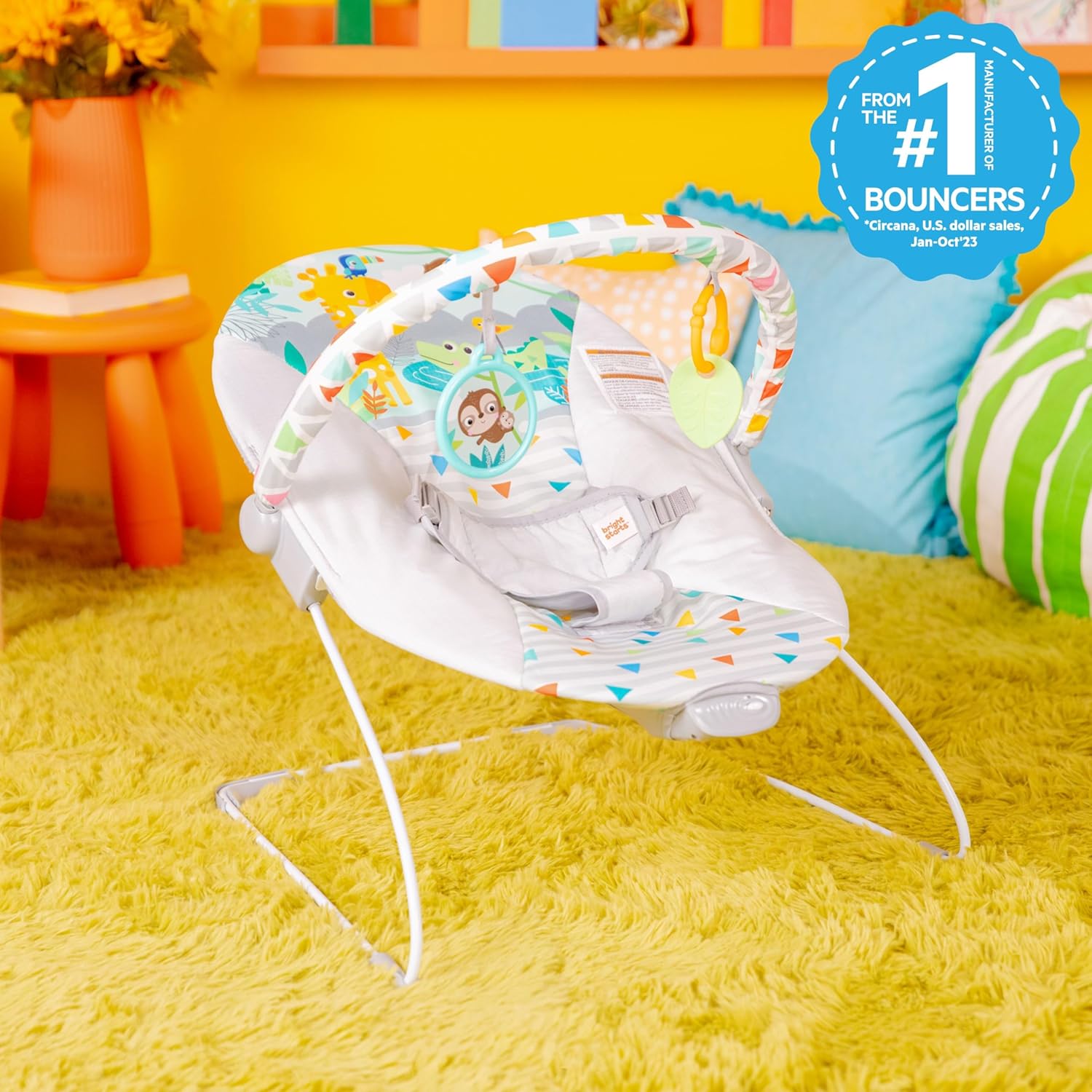 Baby Bouncer Soothing Vibrations Infant Seat - Removable -Toy Bar, Nonslip Feet, 0-6 Months Up to 20 lbs (Safari Fun)