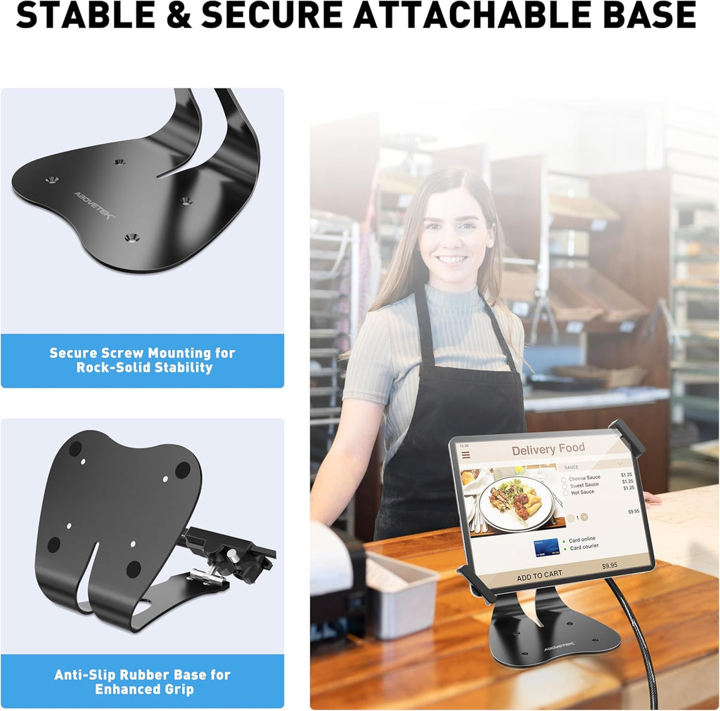 Anti-Theft iPad Kiosk Stand, 360° Swivel POS Tablet Mount with Security Cable & Key, Fits 7–13-inch iPad & Samsung