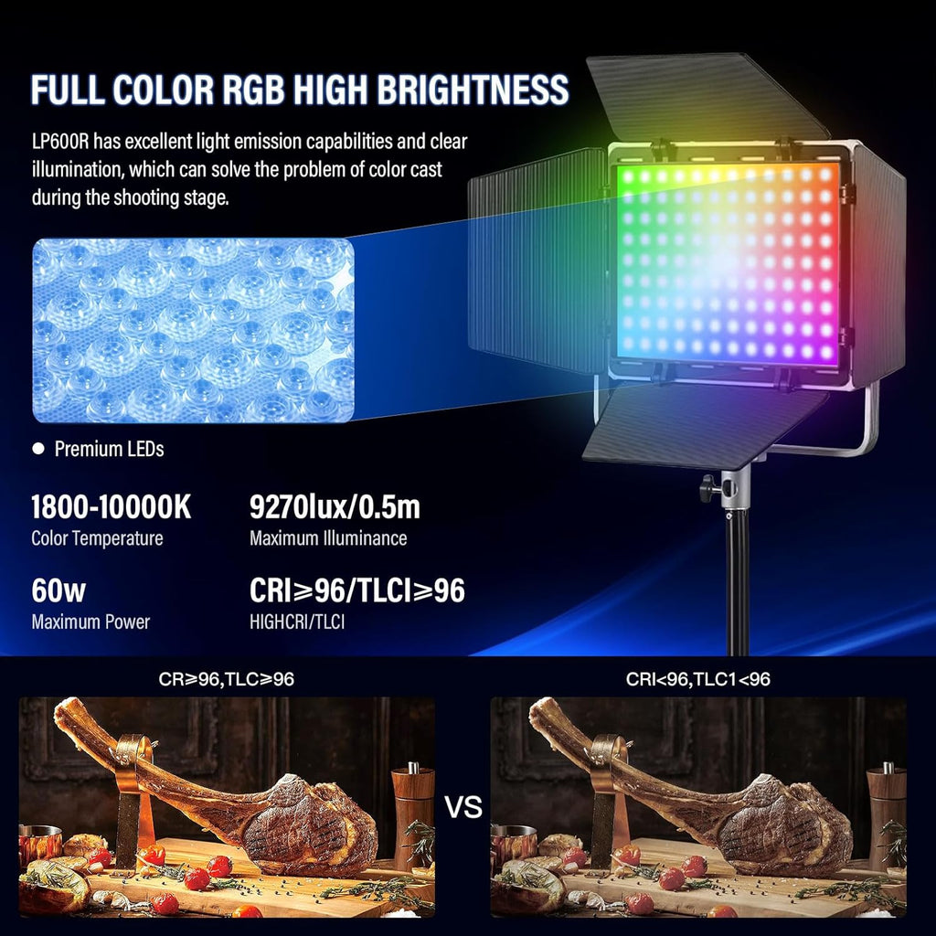 LP600R 60W RGB LED Light Panel 2-Light Kit, 2-Pack with Battery Power, Light Stand, Carrying Case, 1800-10000K