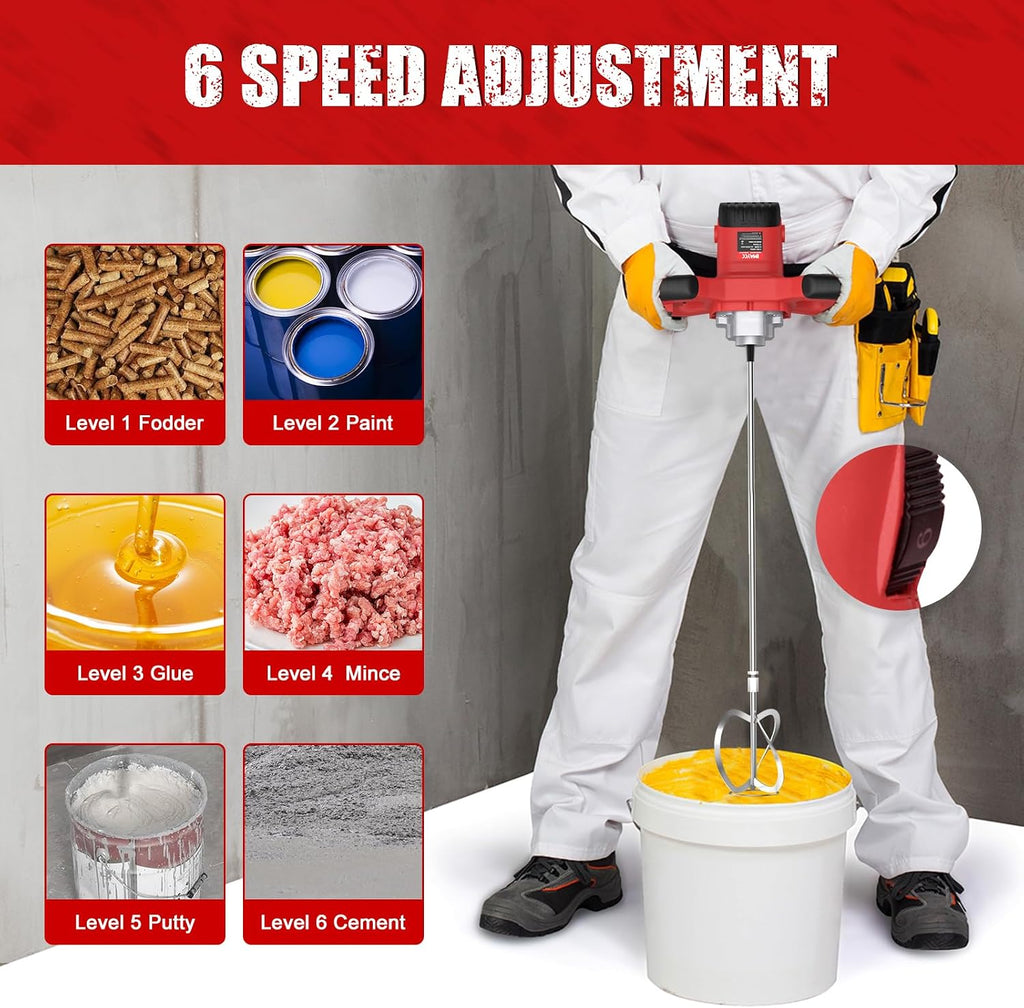 Cement Mixer, 2100W Electric Concrete Mixer with 6 Speed, 110V Handheld Mud Mixer for Motar,Paint, Grout, Plaster