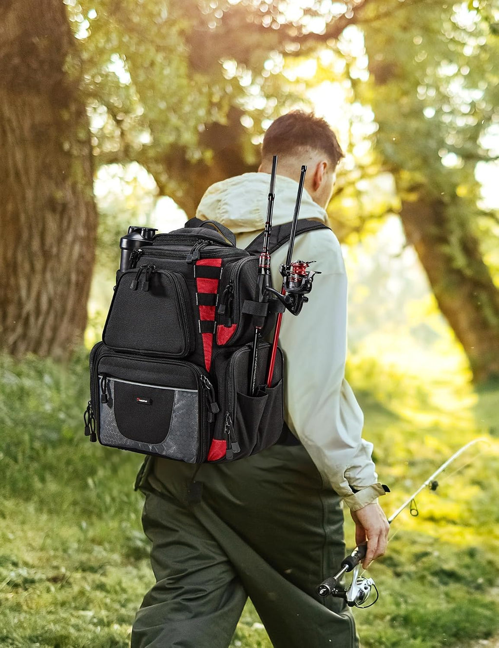 Fishing Backpack with 2 Rod Holders & 4 Tackle Boxes, Large Tackle Storage Bag With Rain Cover for Fishing Gear