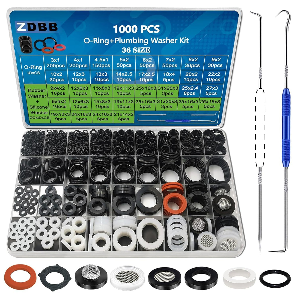 1000 Pcs 18 Size O Ring Kit+18 Size Rubber Washers Assortment Kit