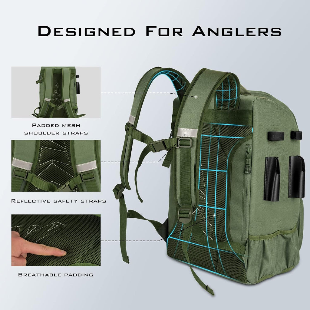 KarryAll Fishing Backpack with Rod Holder 4 Tackle Boxes, 40/26L | Tackle Bag Storage Fishing Gear and Equipment