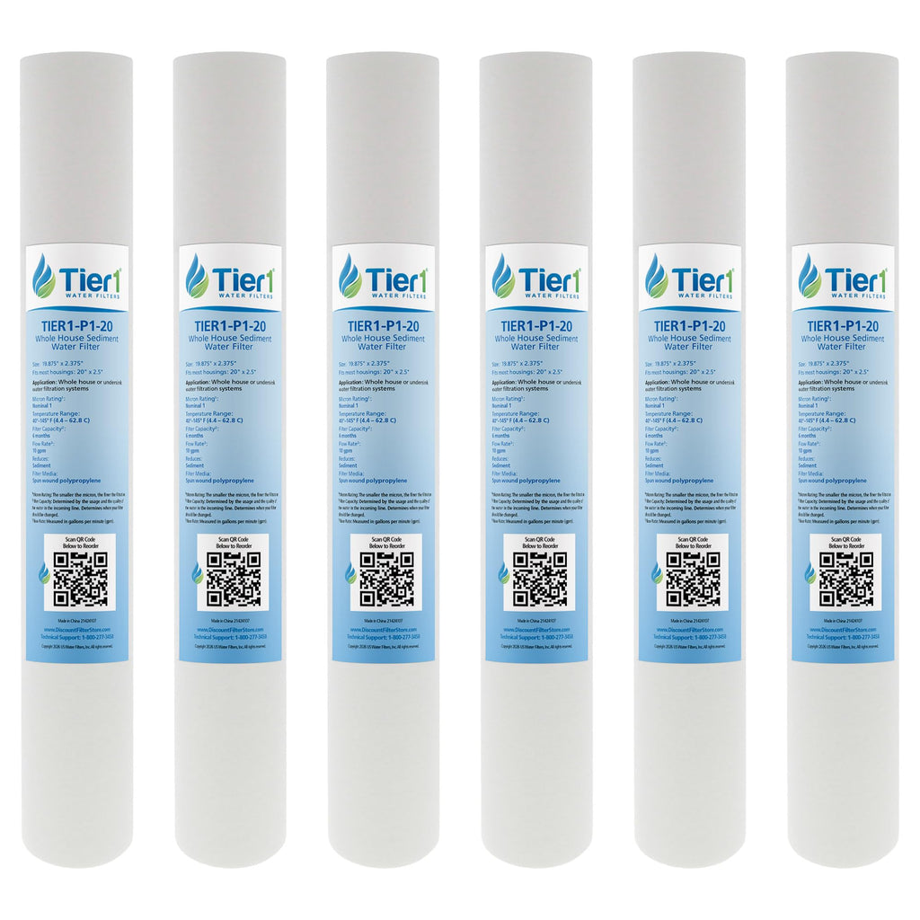 Tier1 1 Micron 2.5" × 20" Sediment Filter Replaces P1-20, SP-P1-20, 6-Pack