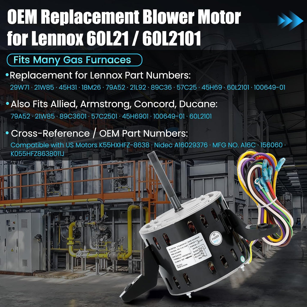 60L21 Furnace Blower Motor – Replacement for Lennox 60L21, 60L2101, 29W71, 21W85 – 1/3 HP 115V 1075 RPM Furnace Motor – Compatible with Armstrong, Ducane, Allied, Concord, US Motors K55HXHFZ-8638