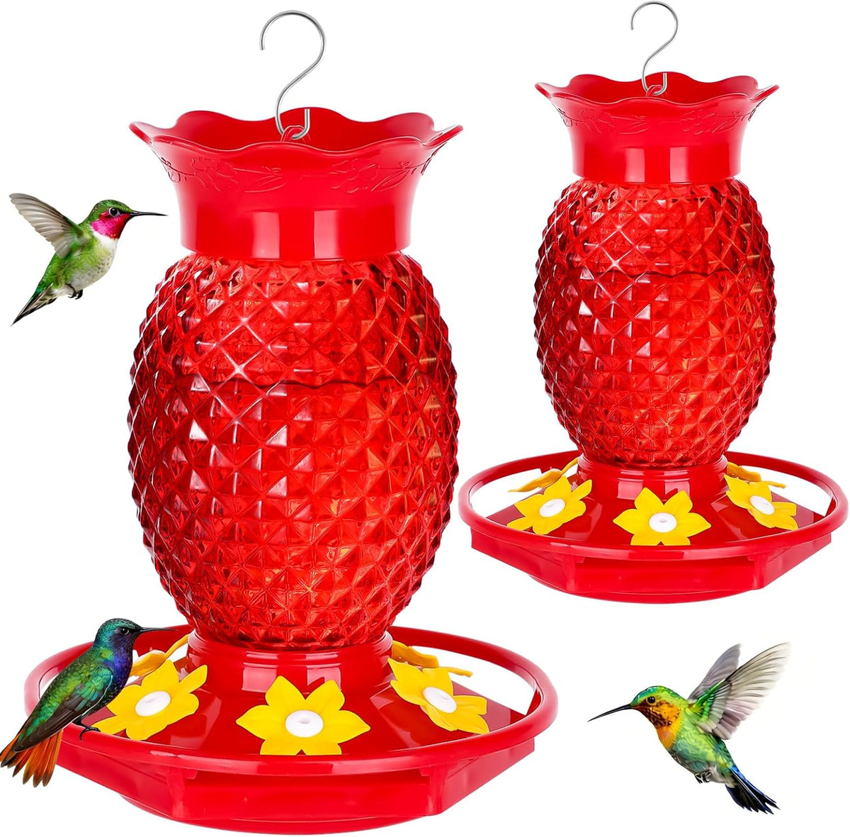 Glass Hummingbird Feeders for Outdoors Hanging 16oz 2 Pack Red Pineapple Bee & Ant Proof 360°Perch Leakproof Easy