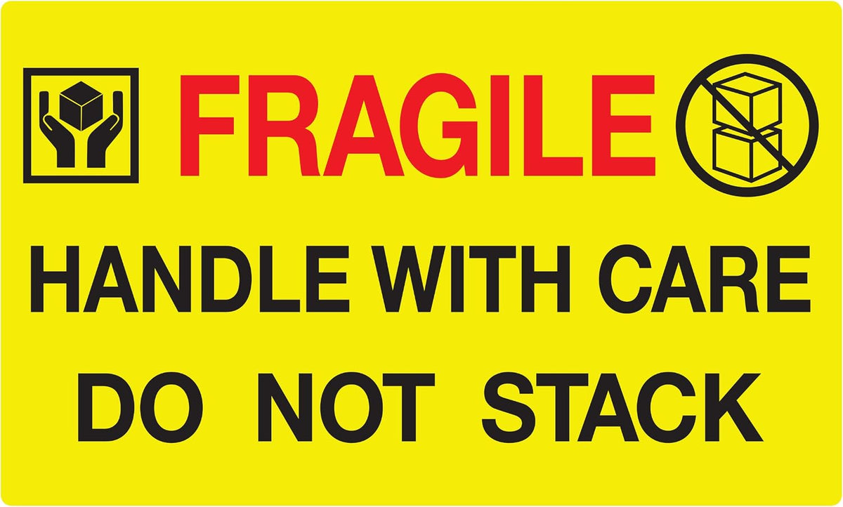 Jumbo Fluorescent Yellow "Fragile Handle with Care Do Not Stack" Pallet Labels, 250 Labels Per Roll