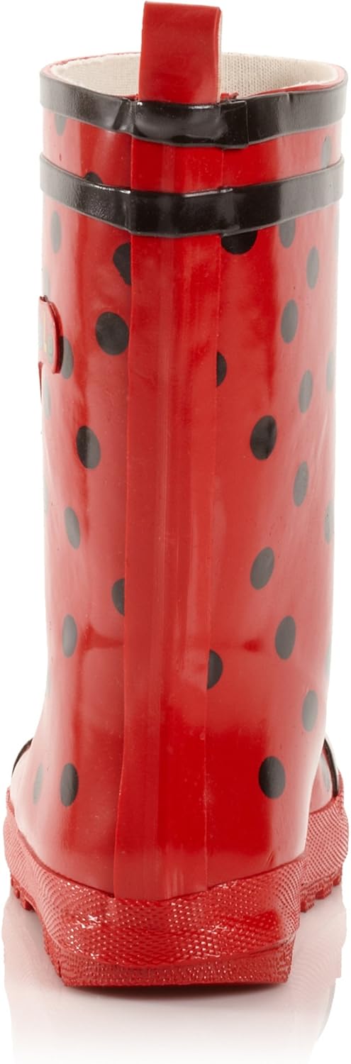 Red Ladybug Natural Rubber Rain Boots With A Pull On Heel Tab