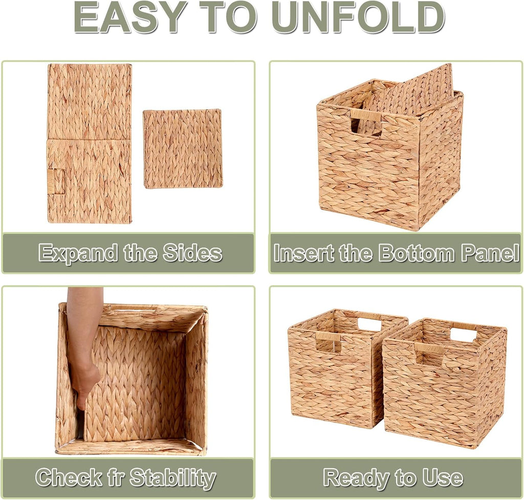 Water Hyacinth Storage Baskets 11x11x11 Inch Wicker Storage Cubes Set of 2Baskets,Handwoven Foldable Wicker Cubes