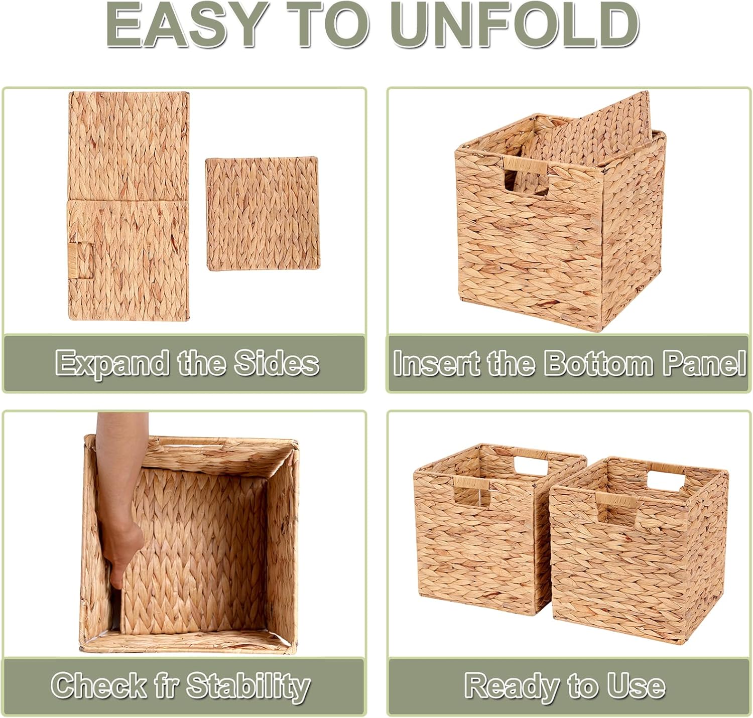 Water Hyacinth Storage Baskets 11x11x11 Inch Wicker Storage Cubes Set of 2Baskets,Handwoven Foldable Wicker Cubes