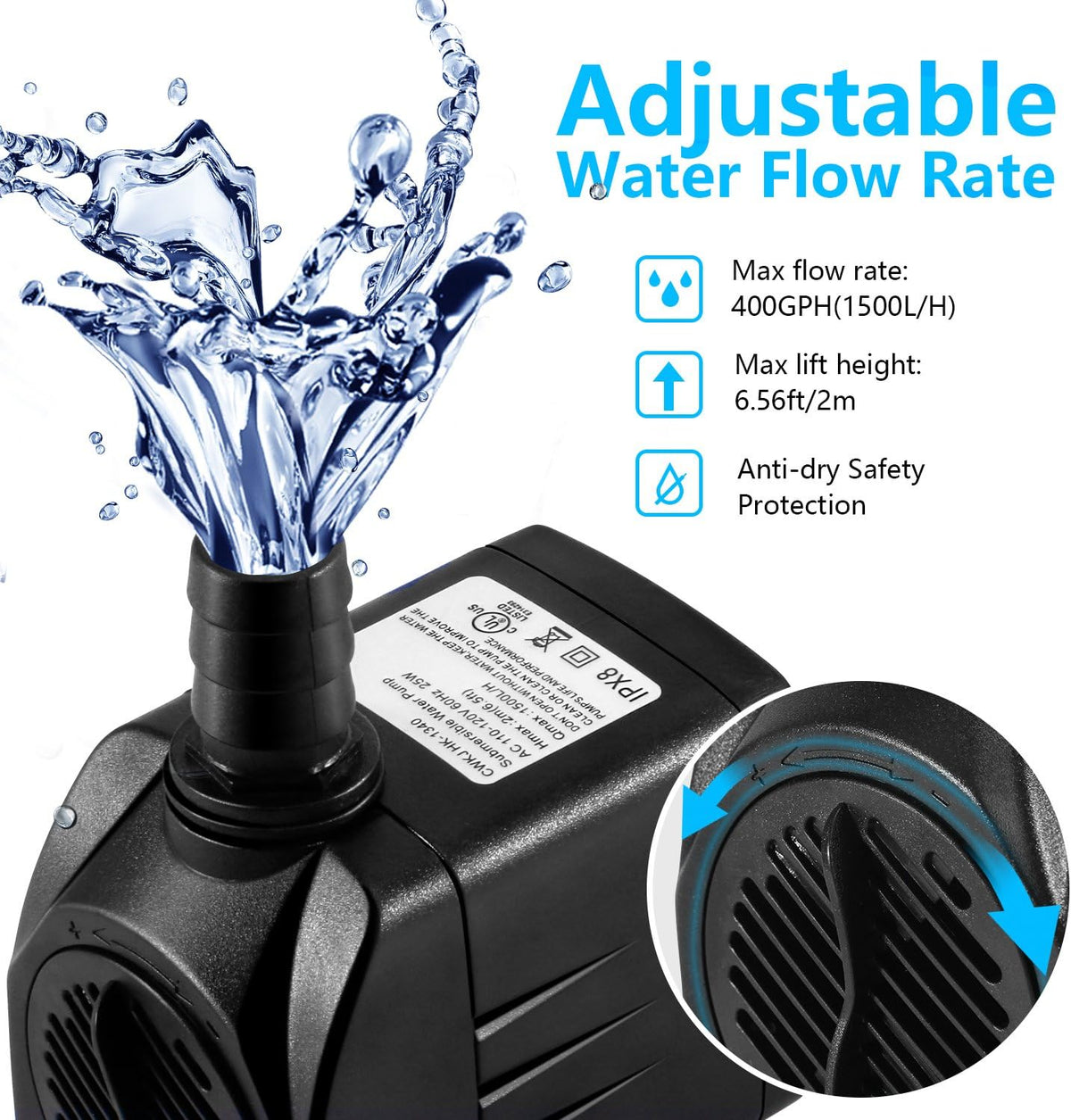 400GPH Submersible Fountain Water Pump for Pond Aquarium Hydroponics