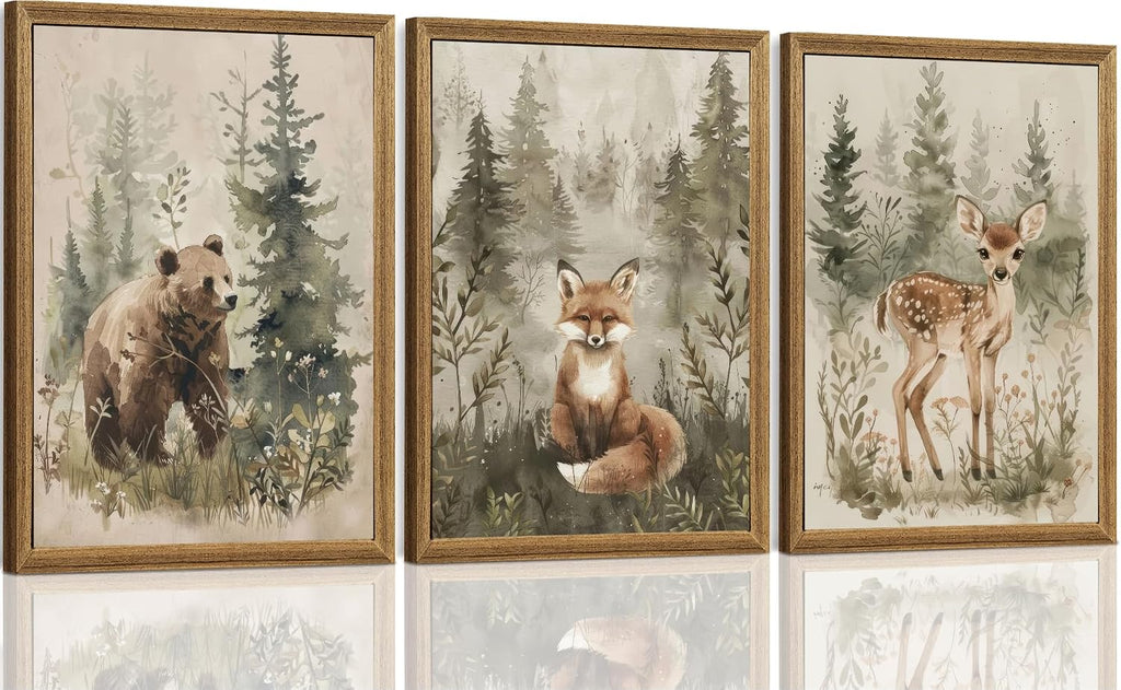 Woodland Animals Nursery Decor Framed Canvas Wall Art, 3pc 12x16 In | Cute Bear Fox Deer, Neutral Forest Animals