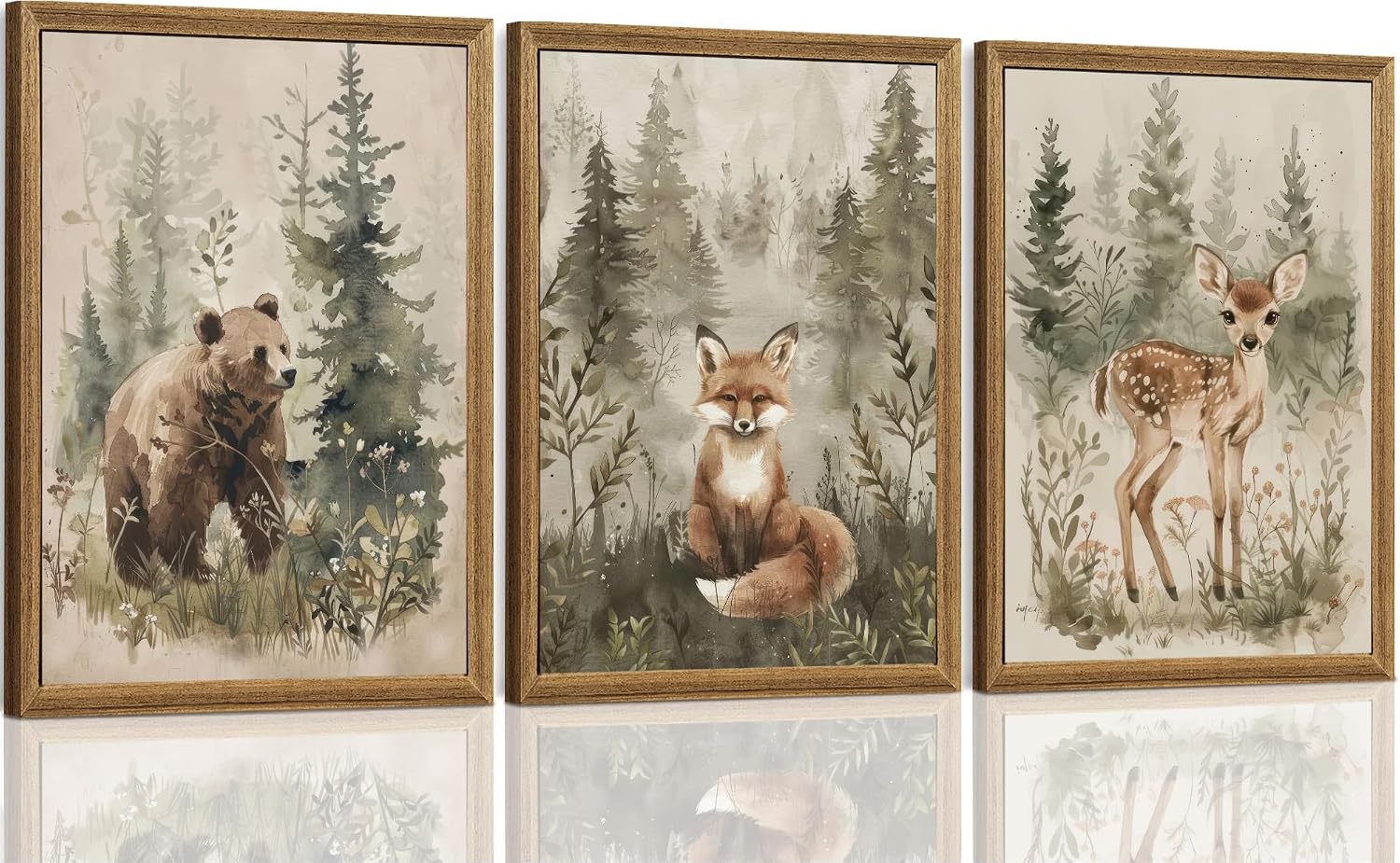 Woodland Animals Nursery Decor Framed Canvas Wall Art, 3pc 12x16 In | Cute Bear Fox Deer, Neutral Forest Animals