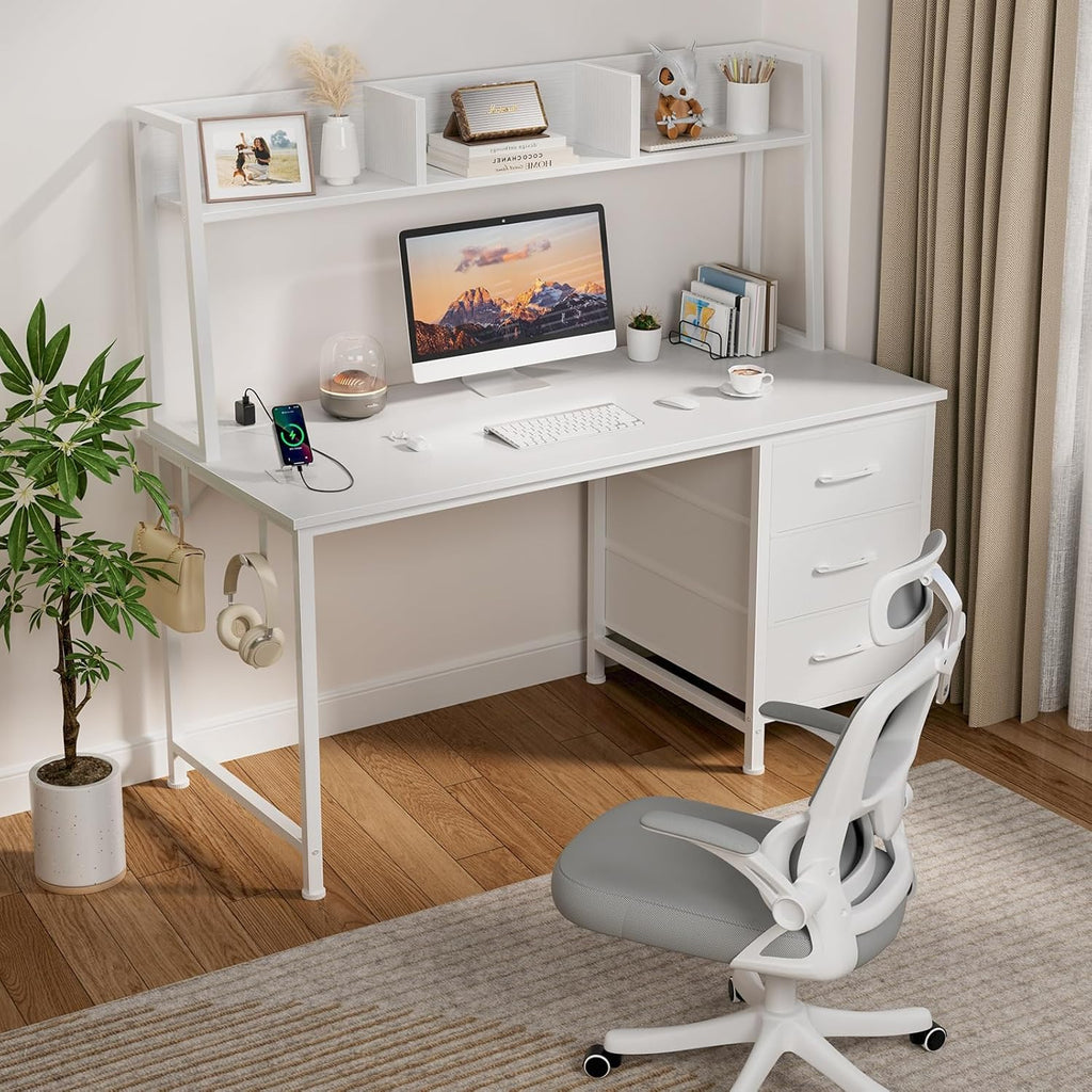 White Computer Desk with Hutch & Drawers - 47 Inch Modern Study Writing Office Desk with 3 Storage Drawers and Power