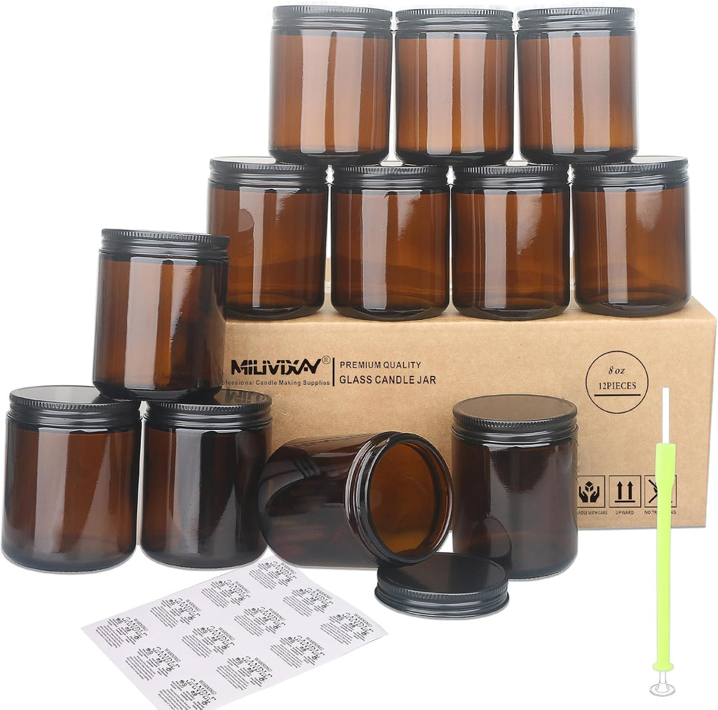 12 Pack 8 OZ Thick Glass Dark Amber Candle Jars with All Black Metal Lids-Bulk Empty Candle Jars for Making