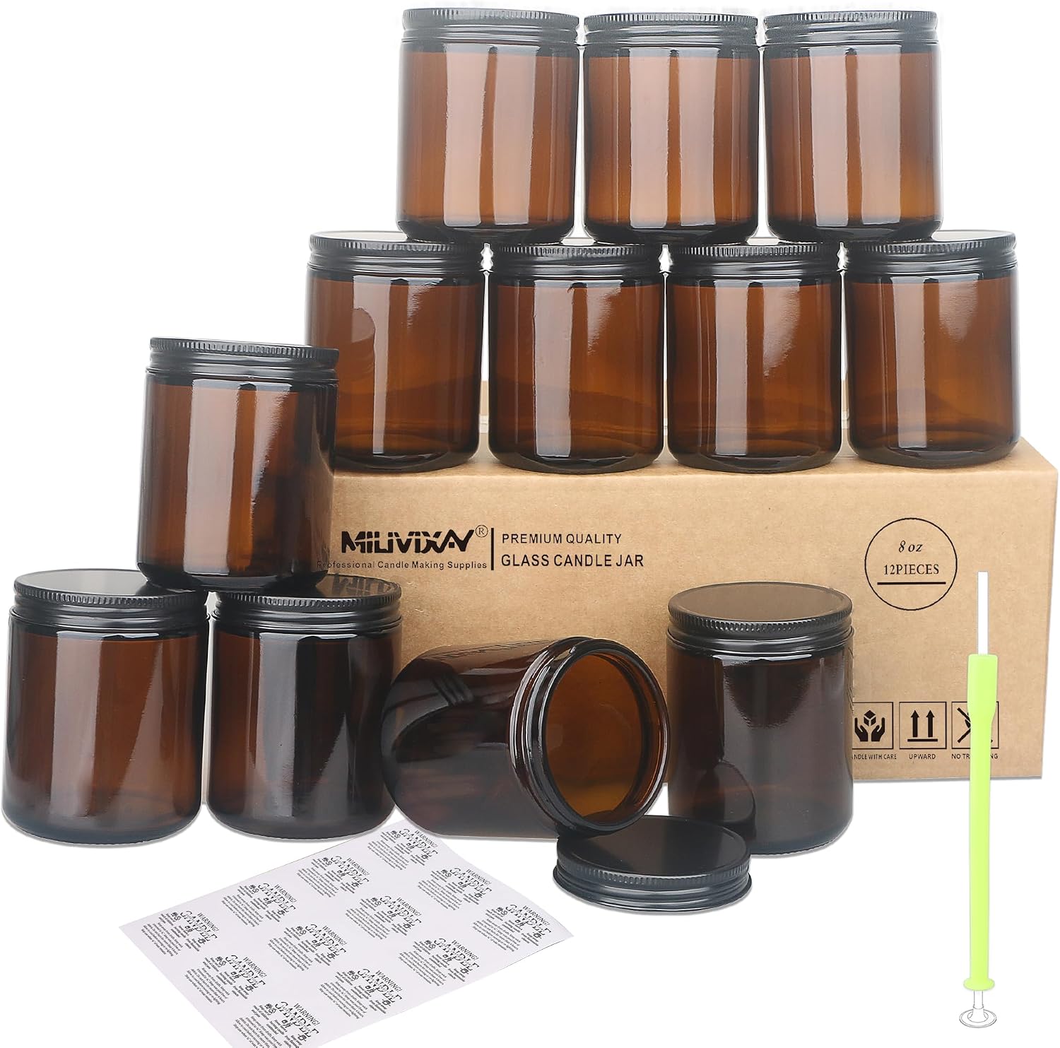 12 Pack 8 OZ Thick Glass Dark Amber Candle Jars with All Black Metal Lids-Bulk Empty Candle Jars for Making