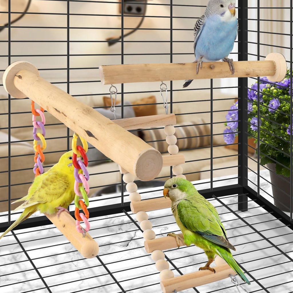 Bird Perches Ladder with Swing, Natural Wood Parrot Climbing Bridge Perch Toys, Exercise Play Stand Parakeet Cage