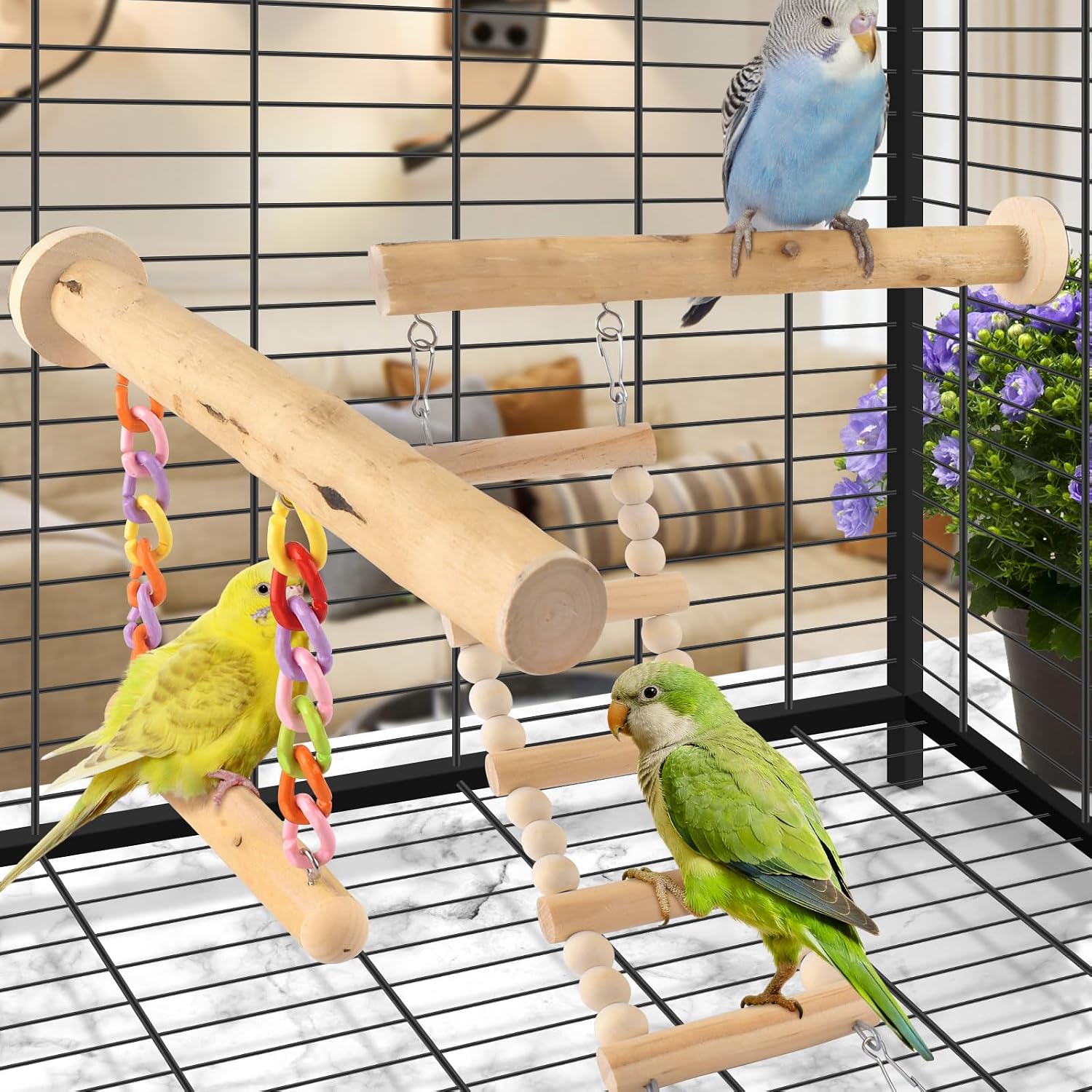 Bird Perches Ladder with Swing, Natural Wood Parrot Climbing Bridge Perch Toys, Exercise Play Stand Parakeet Cage