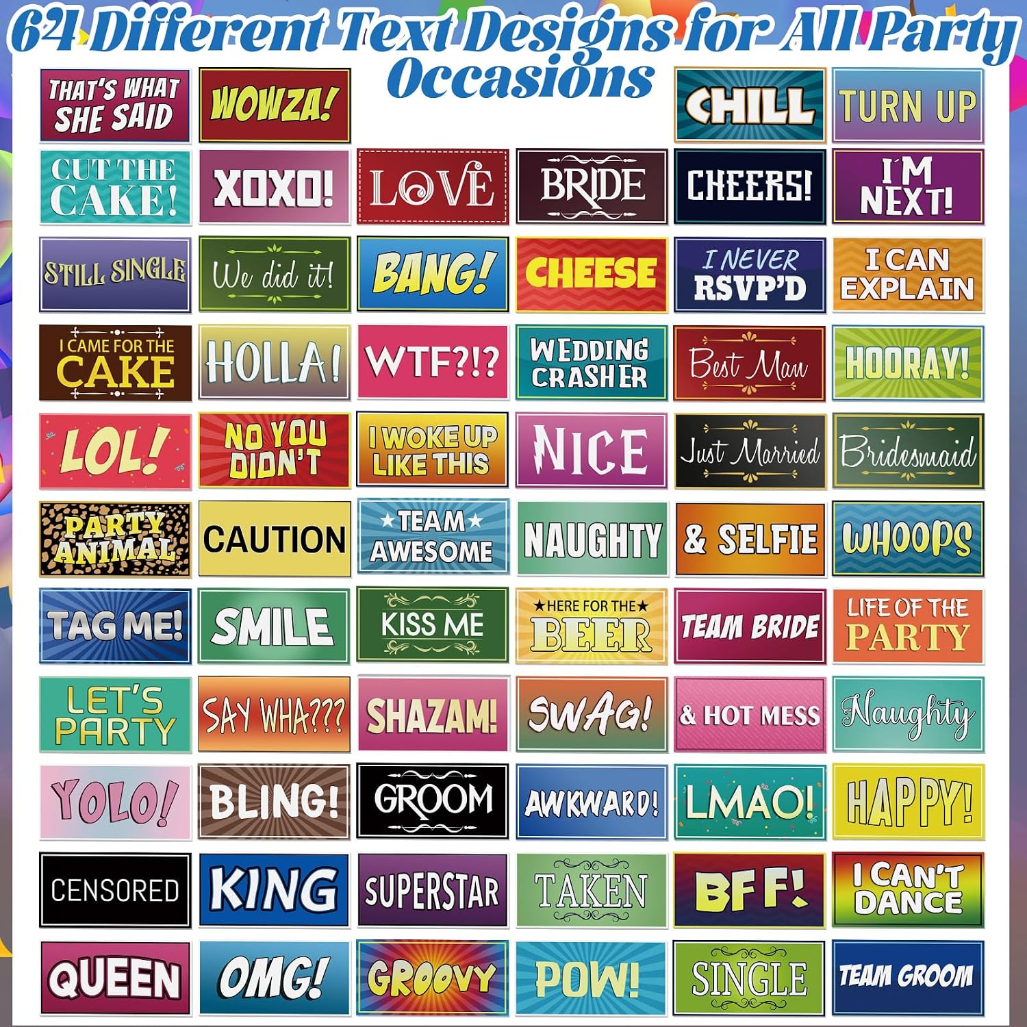 64 Design Photo Booth Prop Sign Decor Double Sided Photobooth Accessoires 11x5.5'' PVC Selfie Prop Sign for Wedding