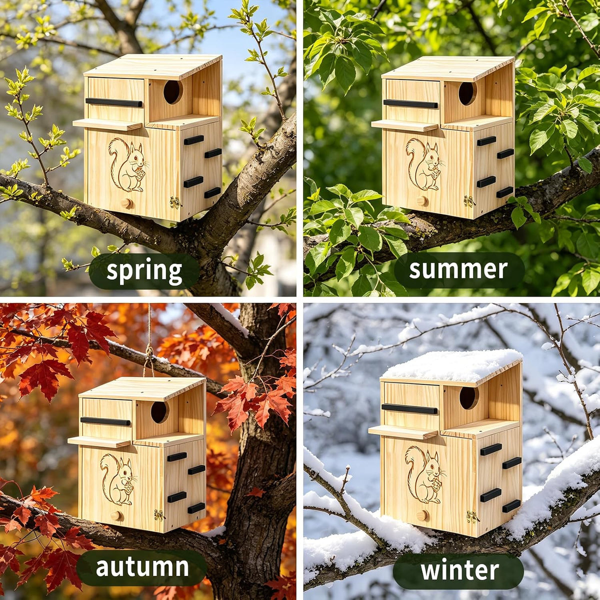 Large Wooden Squirrel Houses for Outside，Squirrel House with Dual Balconies，Predator Guard Squirrels Nesting Box，The