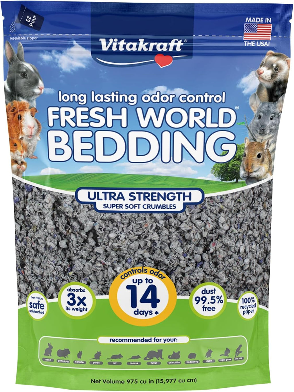 Fresh World Small Animal Bedding - Ultra Strength - Pet Bedding for Litter Boxes and Cages (16 L),Gray, 975 cu in