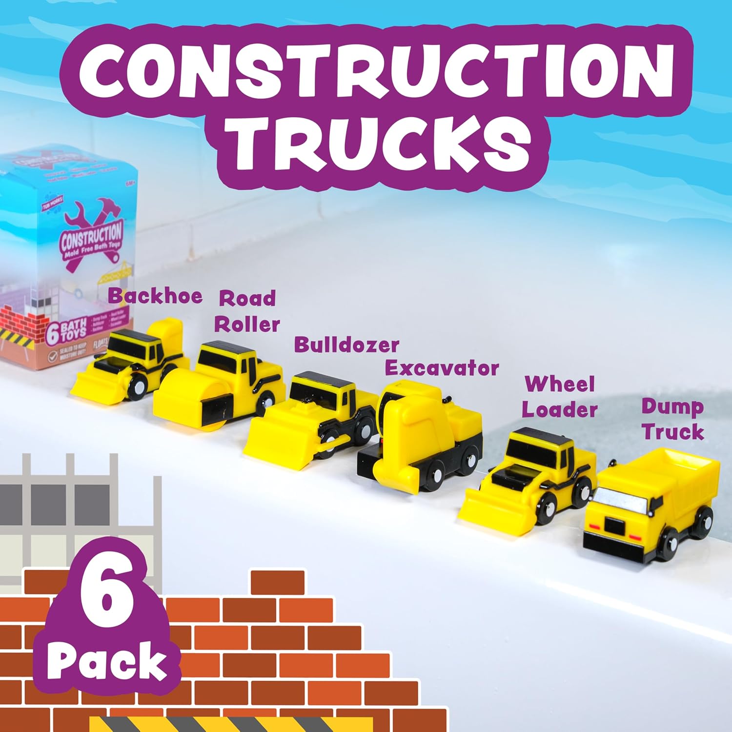 Construction Trucks Mold Free Bath Toys, 6 Pack | Sealed, No Hole Bath Toys Design Keeps Moisture Out | Soft