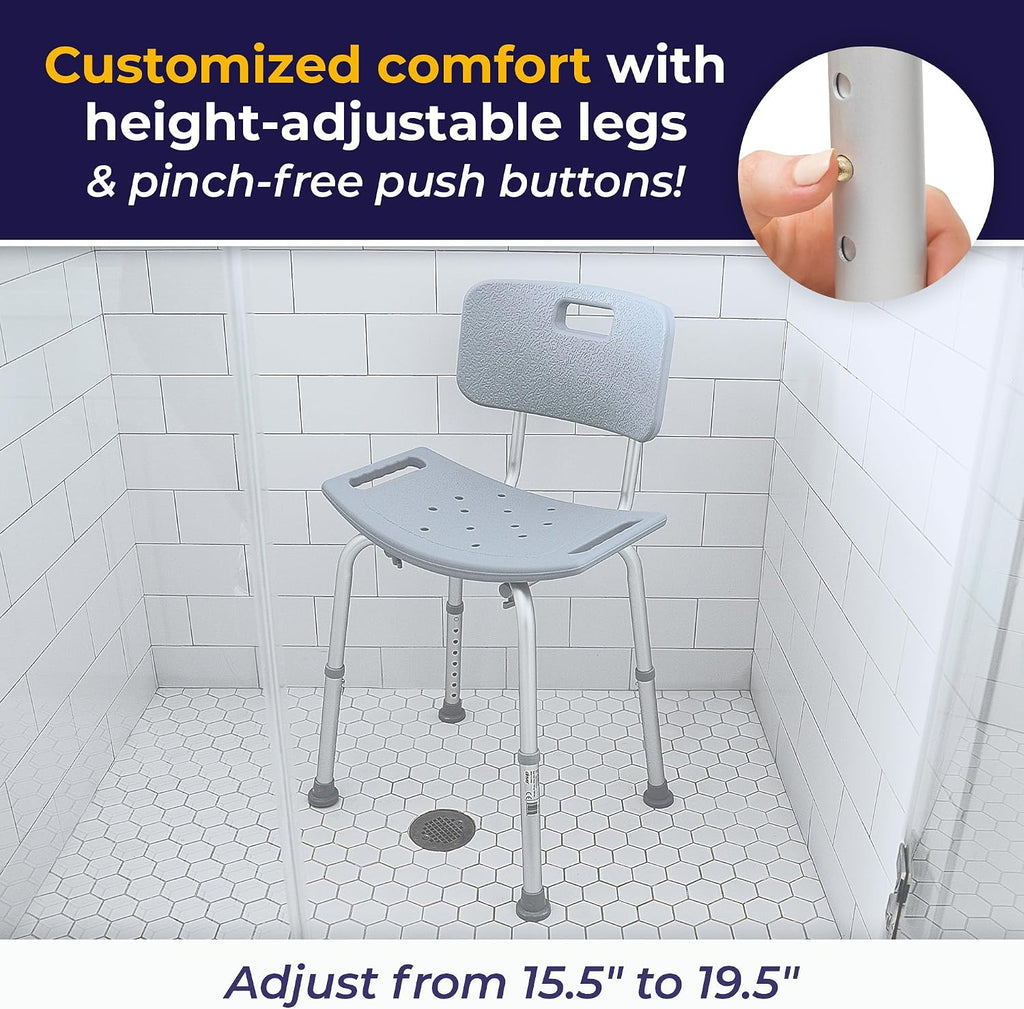 Shower Chair with Back - Adjustable Bathroom Bench - Suction Feet - Lightweight Durable Construction - Comfortable