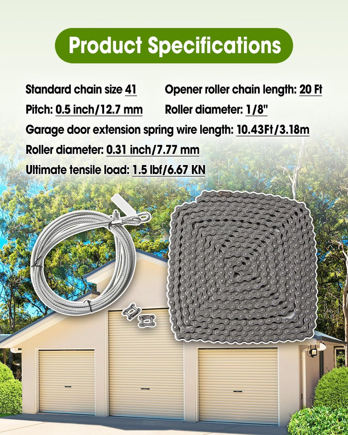 #41 20 ft Roller Chain with 2 Connecting Links and Cable for Gate Openers